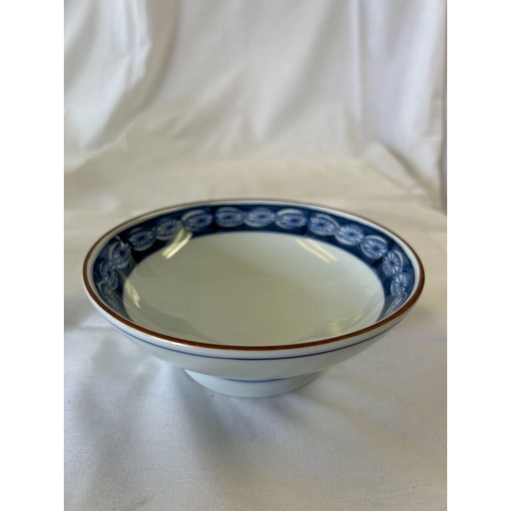 Vintage Blue & White Ceramic Bowl With Floral Rim Design 6-Inch Diameter Decorat